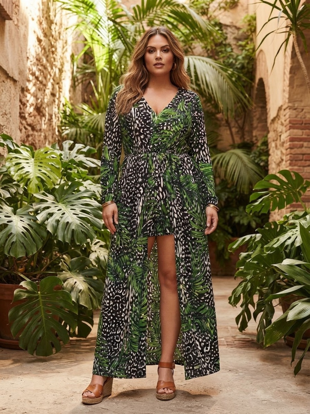 Fashion To Figure Mixed Animal And Palm Leaf Print Maxi Duster/Romper Size 1